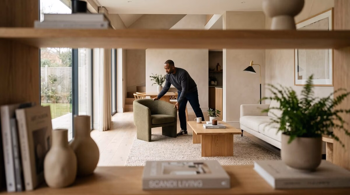 Modern residential interior with soft natural light and timeless materials